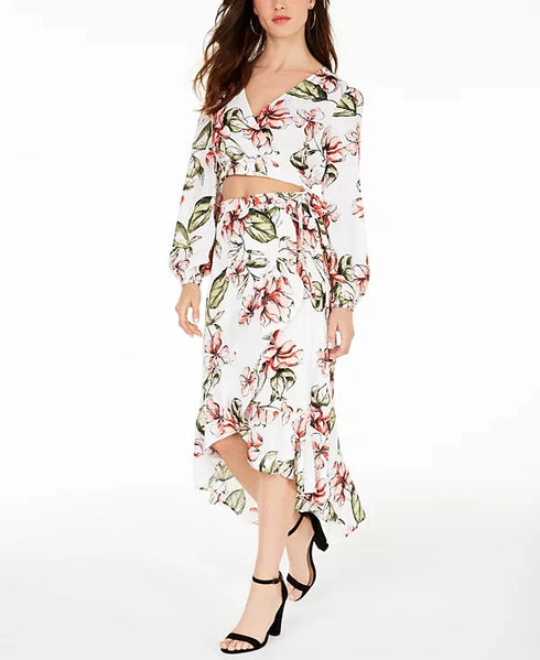 GUESS Womens White Floral Long Sleeve V Neck Crop Top Size Large